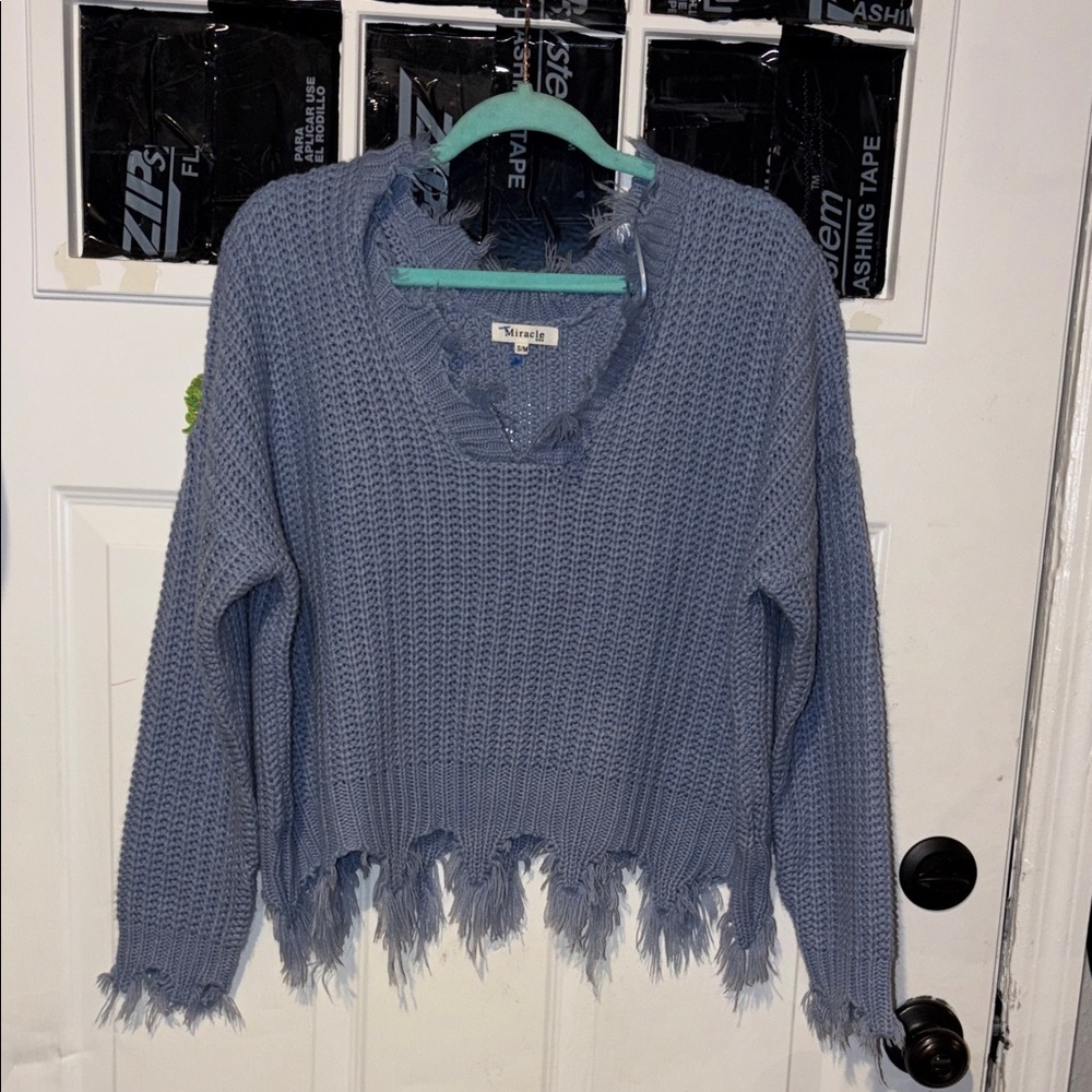 Miracle Frayed Hem Blue V-Neck Sweater